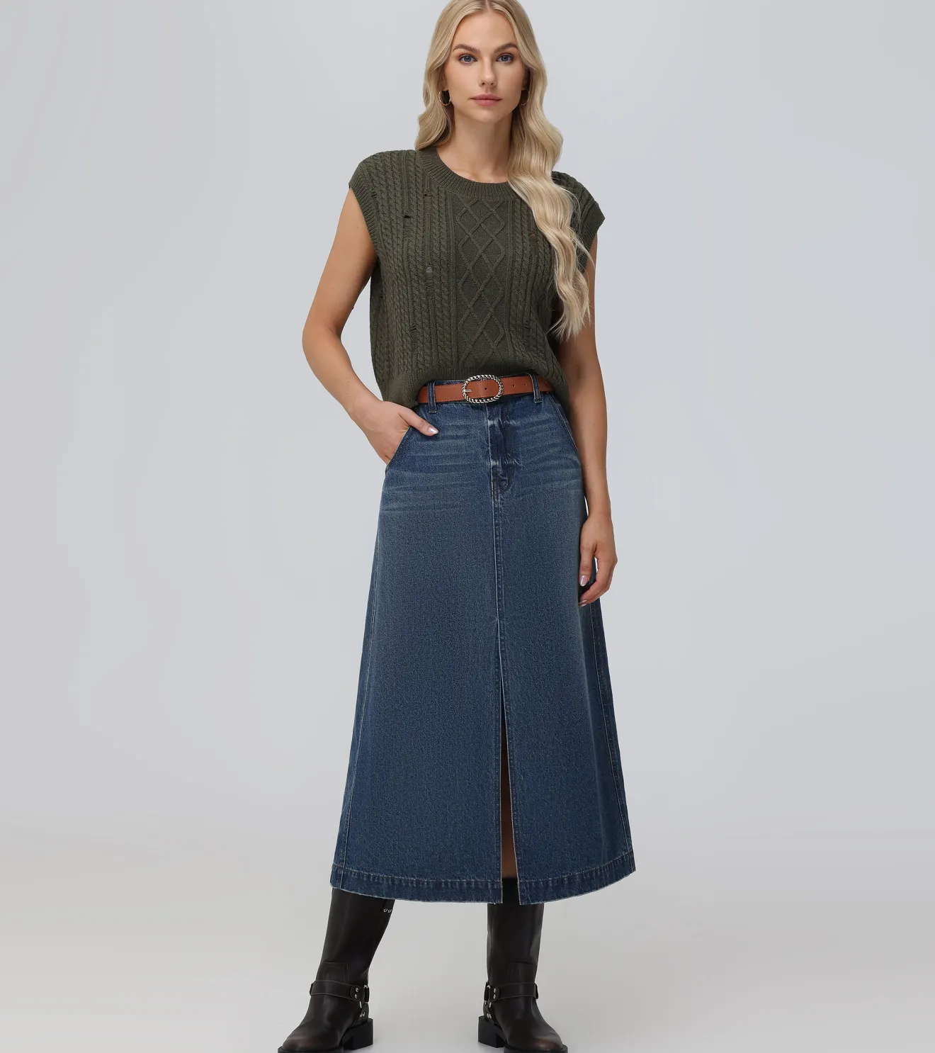 Distressed Cable Sweater Vest^Frye