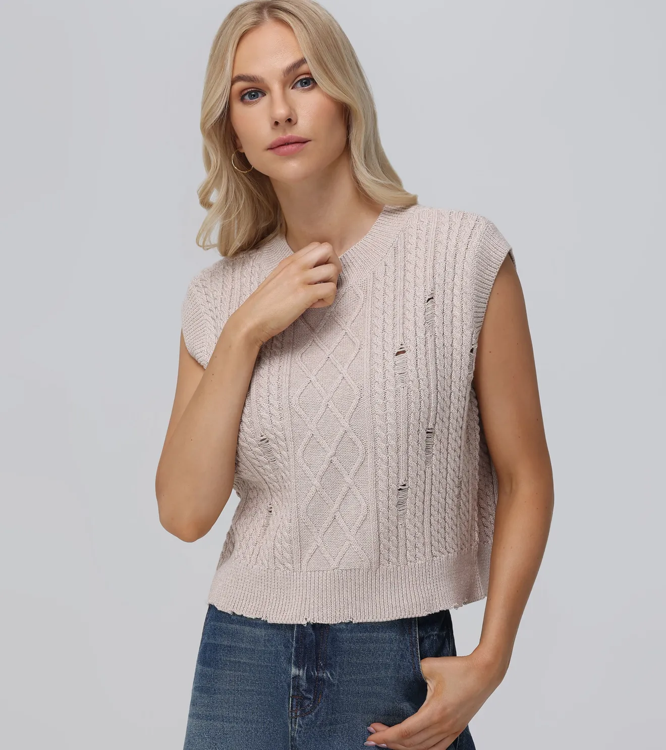 Distressed Cable Sweater Vest^Frye
