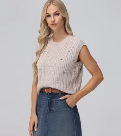 Distressed Cable Sweater Vest^Frye