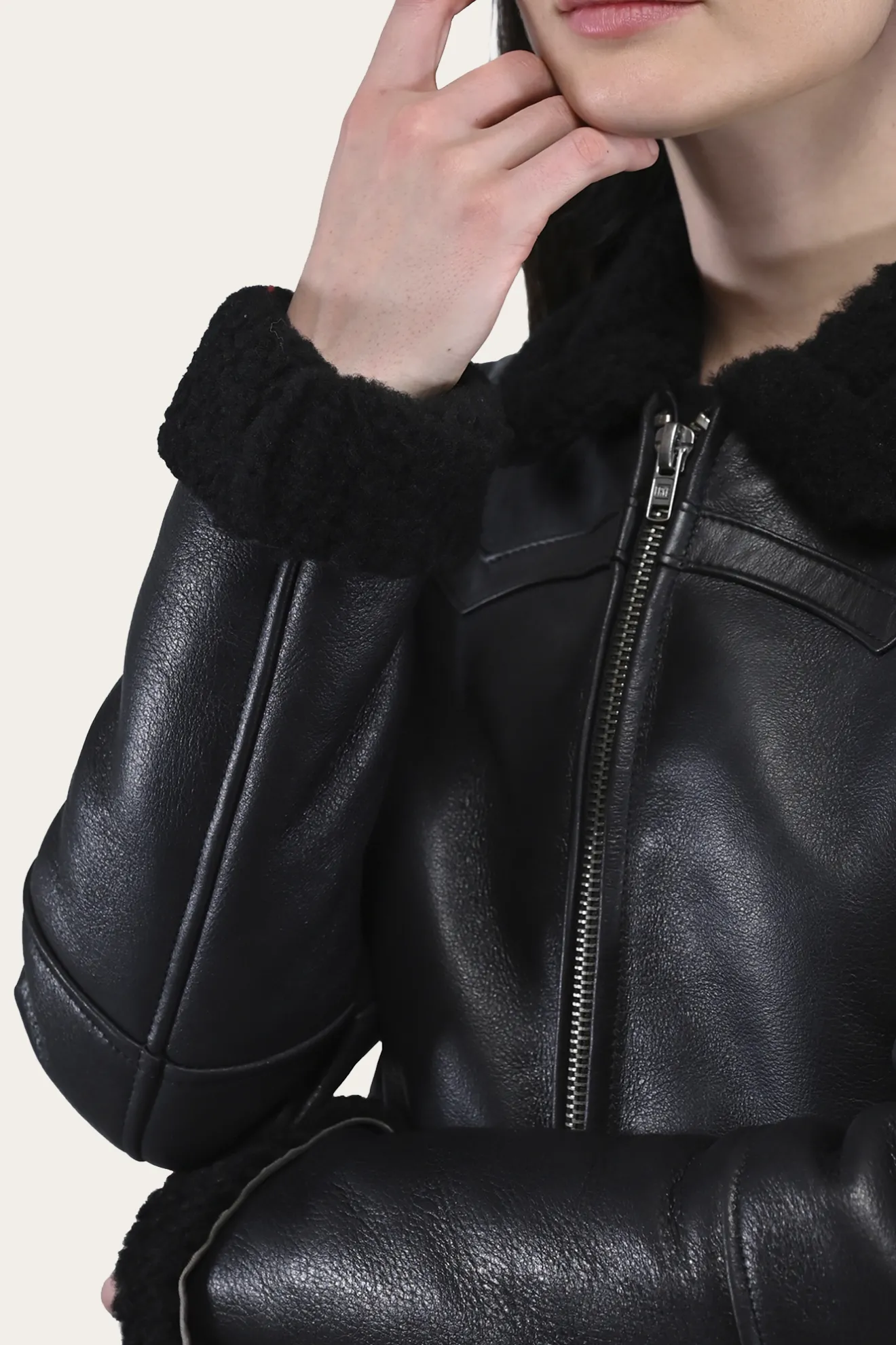 Women's Leather Jacket With Sherling Collar And Cuffs^Frye